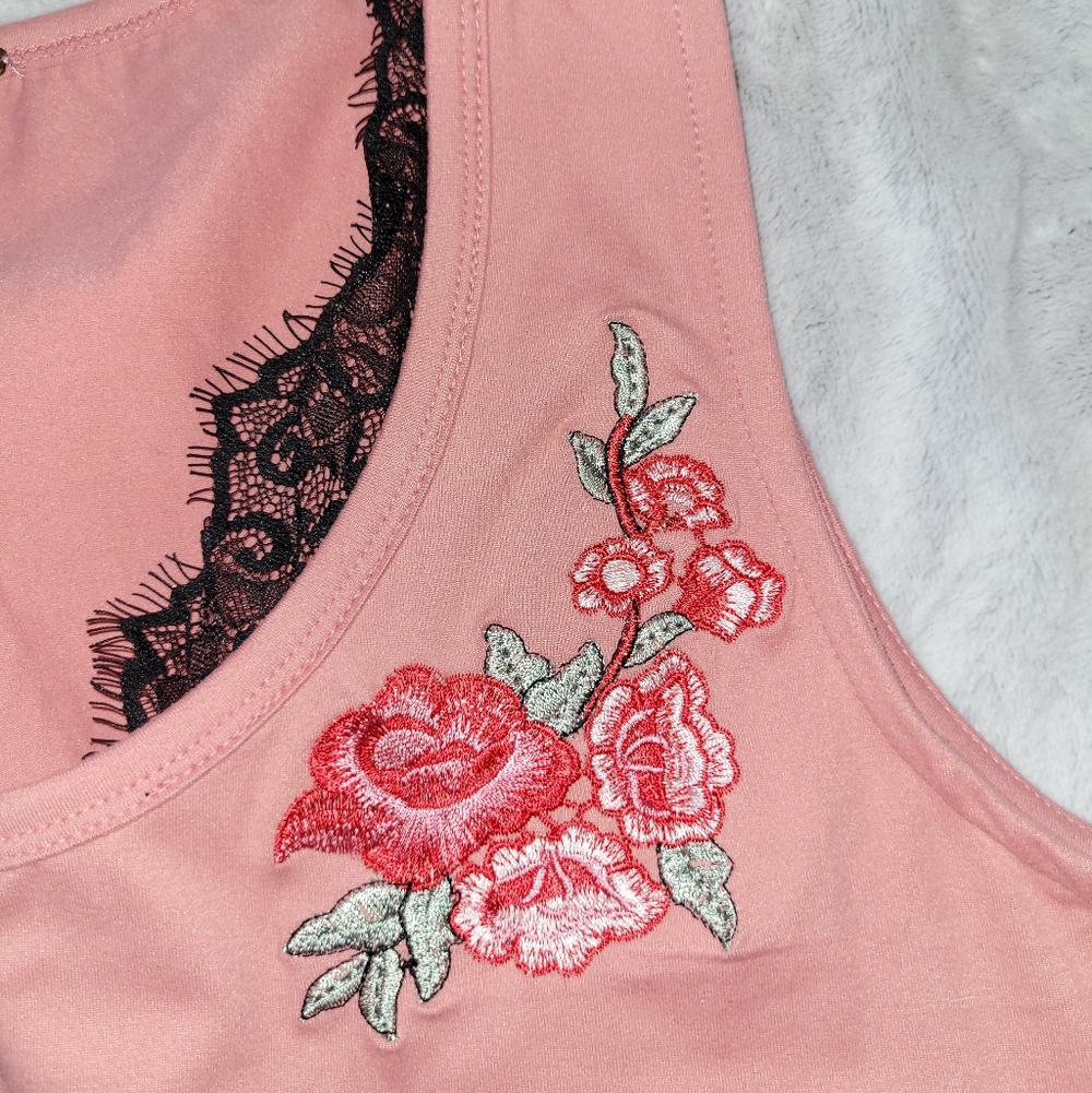 Poof Apparel Womens Medium Pink Floral Swing Tank Dress Tunic Top Embroidered - Picture 4 of 10